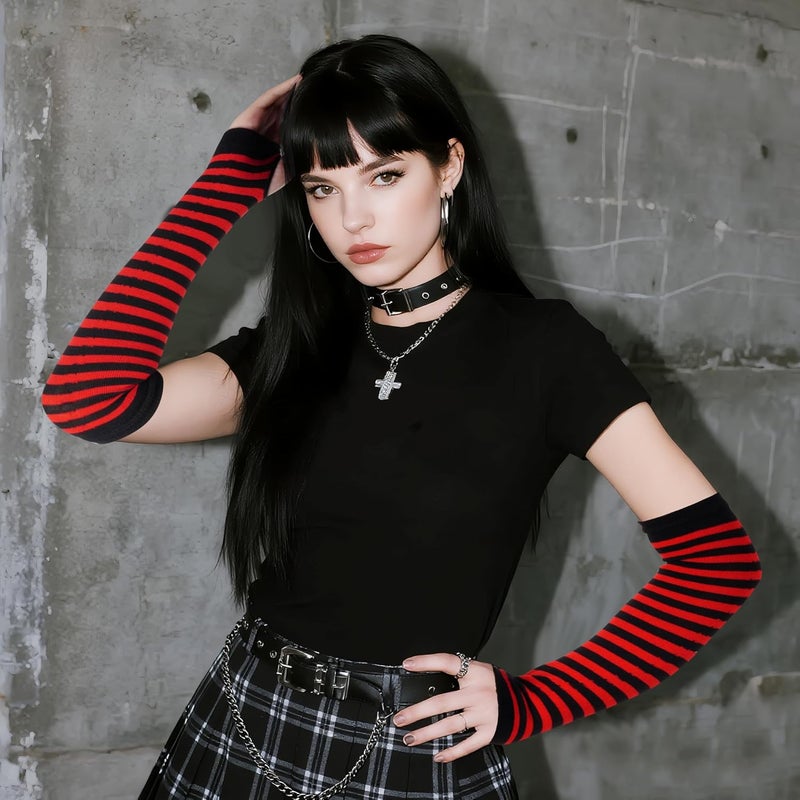 Nydotd Fingerless Long Sleeve Mittens Gloves Y2K Kawaii japanese harajuku Gothic Punk Knitted Striped Arm Warmer for Women - Image 2